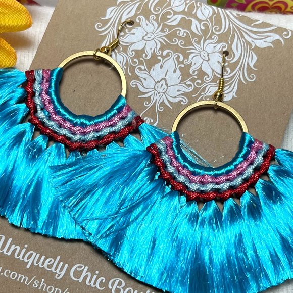 Med Fan Tassel Earrings Blue Hoops Smooth Shiny Silky Fringe Drop Dangles NWT - Picture 3 of 5